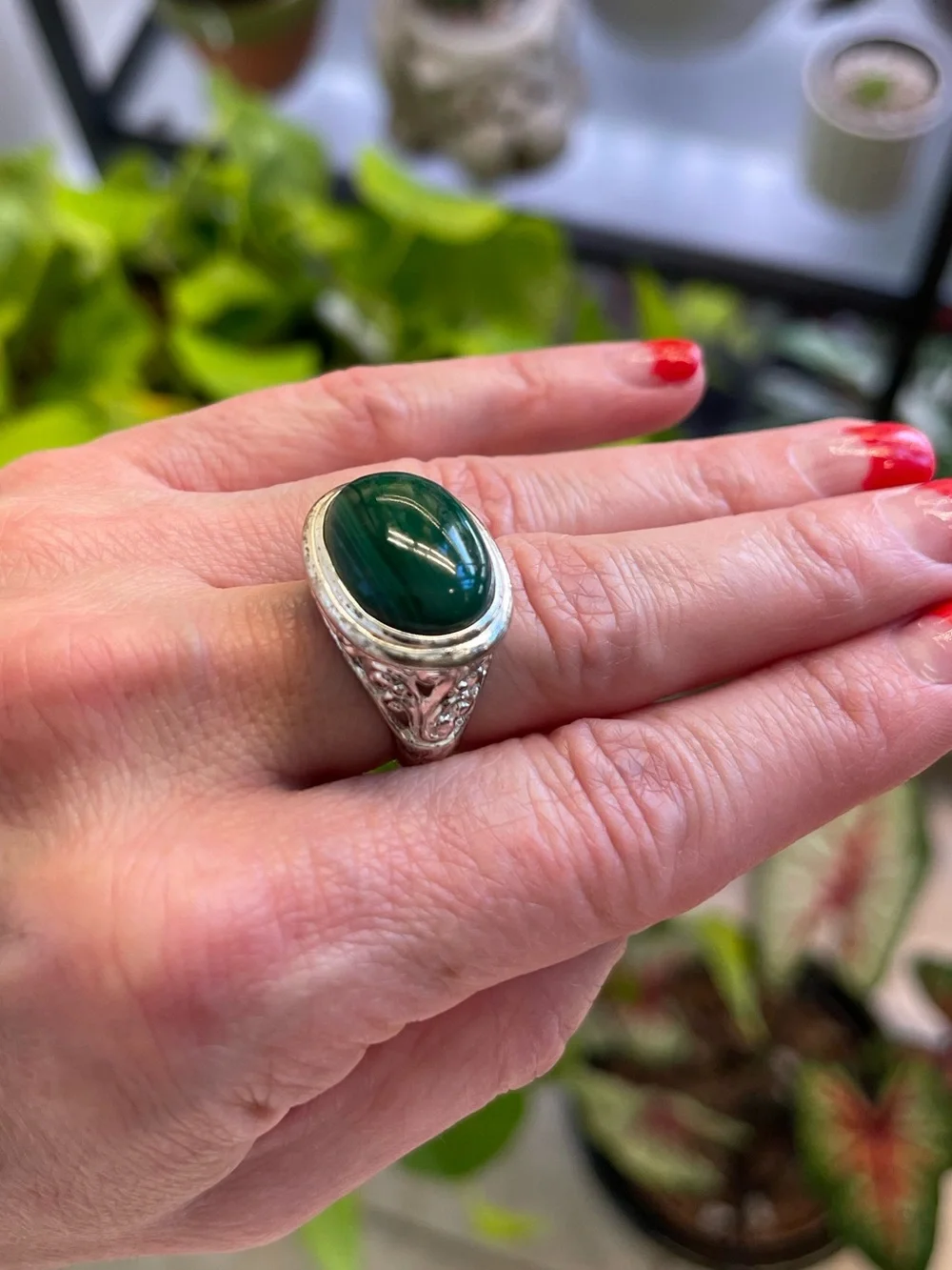 Sterling Silver Malachite Cabochon Estate Ring – Ornate Filigree – Size 6